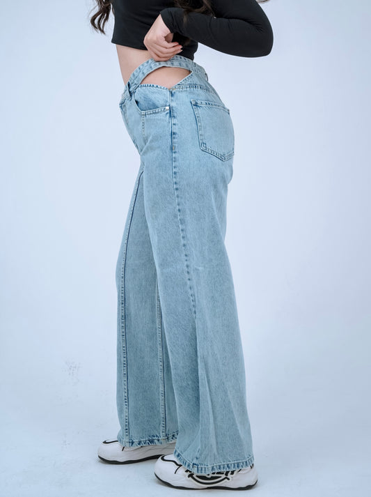 high waist cut out detail light blue jeans